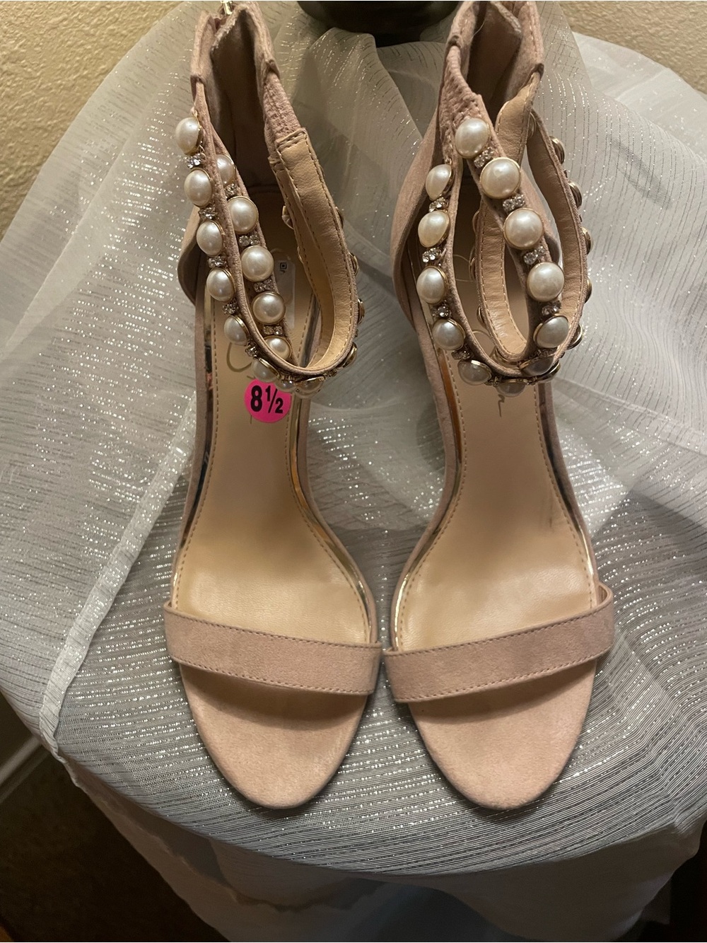 Jessica Simpson Nude Pearl-Embellished Heel Sandals